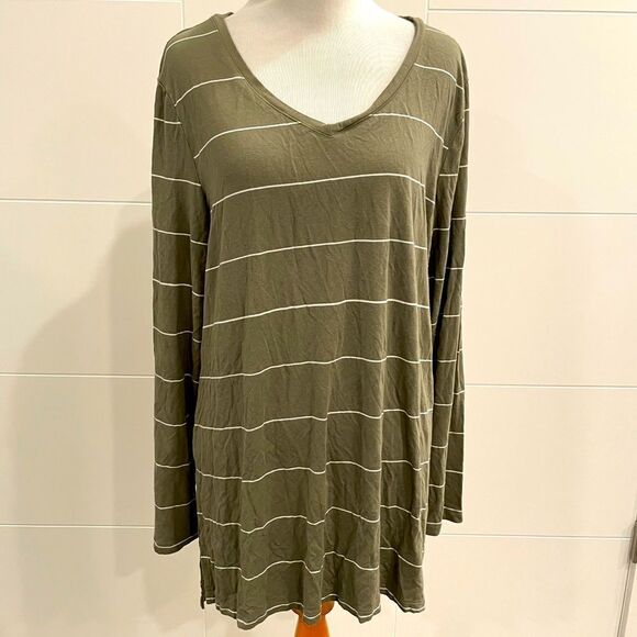 Olive green and white striped long sleeve shirt - Picture 1 of 7